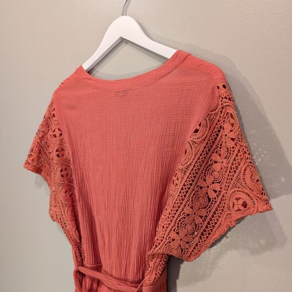 LUSH Coral Lace Midi Dress CottageCore BeachCore Brunch Spring Summer - Size M - Picture 4 of 6